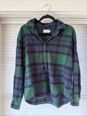 Onia Green and Navy Plaid Shirt with Label Detail
